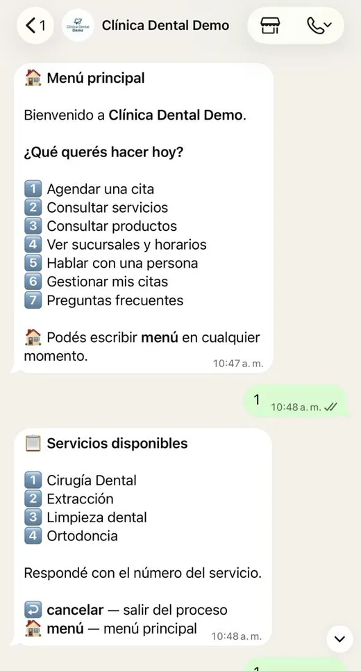 Chat de WhatsApp con el menú principal del asistente