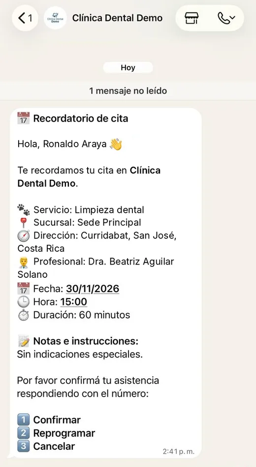 Recordatorio de cita en WhatsApp con opciones para confirmar, reprogramar o cancelar